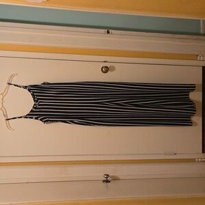 Ladies Spaghetti Strap Jumpsuit, Navy w/ Green & White Stripes. NWOT.